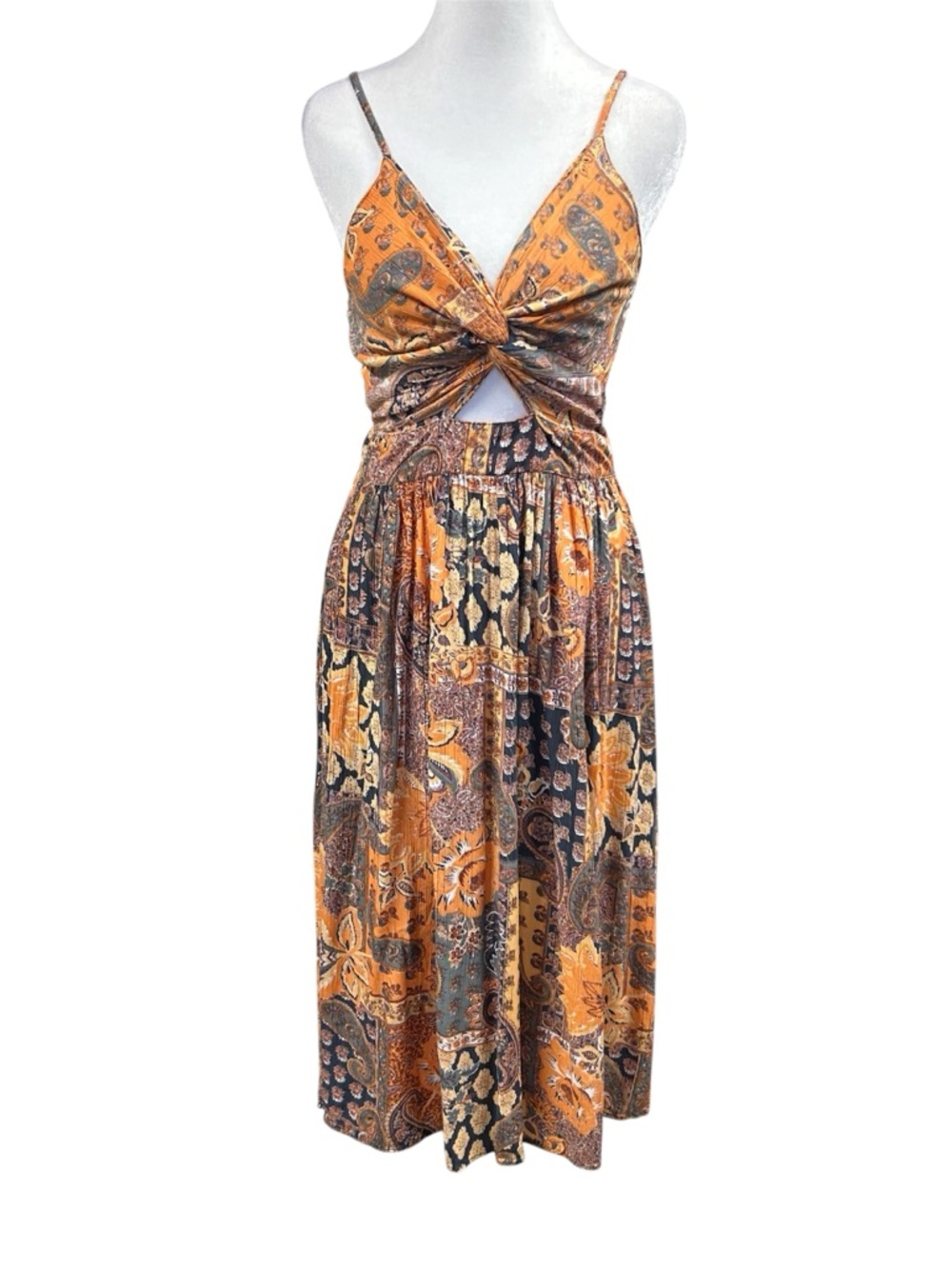 Angie Boho Keyhole Sleeveless Midi Dress Smocked Back Sz L